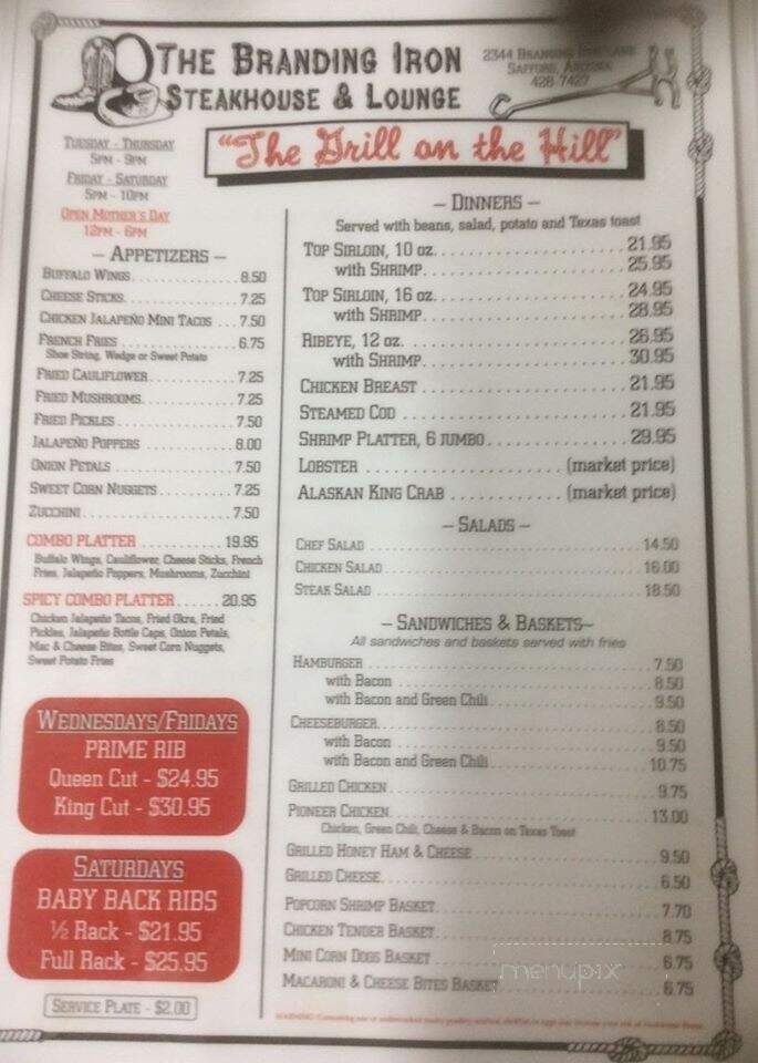 Branding Iron Steakhouse - Safford, AZ menu_pic