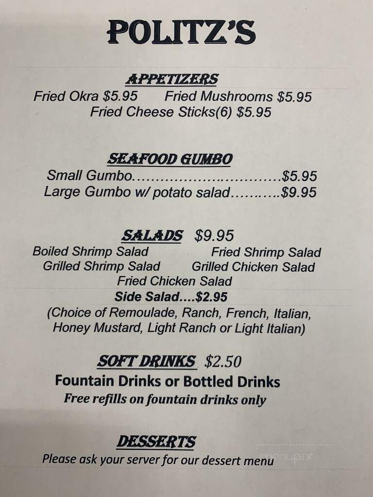 Politz's Restaurant - Napoleonville, LA menu_pic