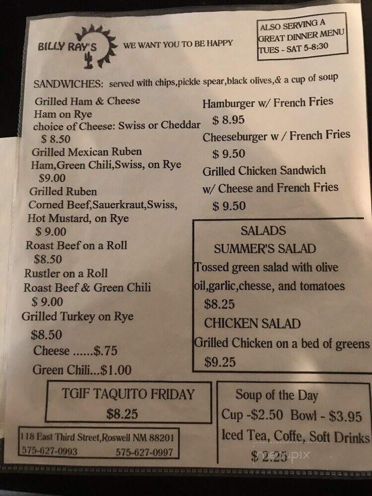 Billy Ray's Restaurant-Lounge - Roswell, NM menu_pic