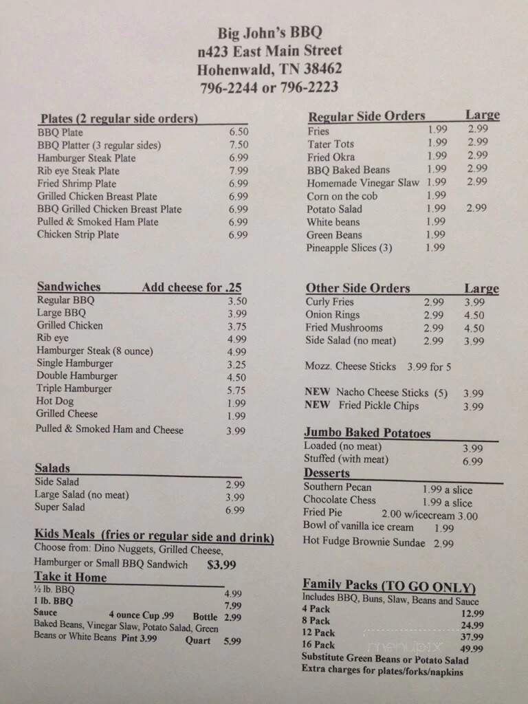 Big John's Bar-B-Q - Hohenwald, TN menu_pic