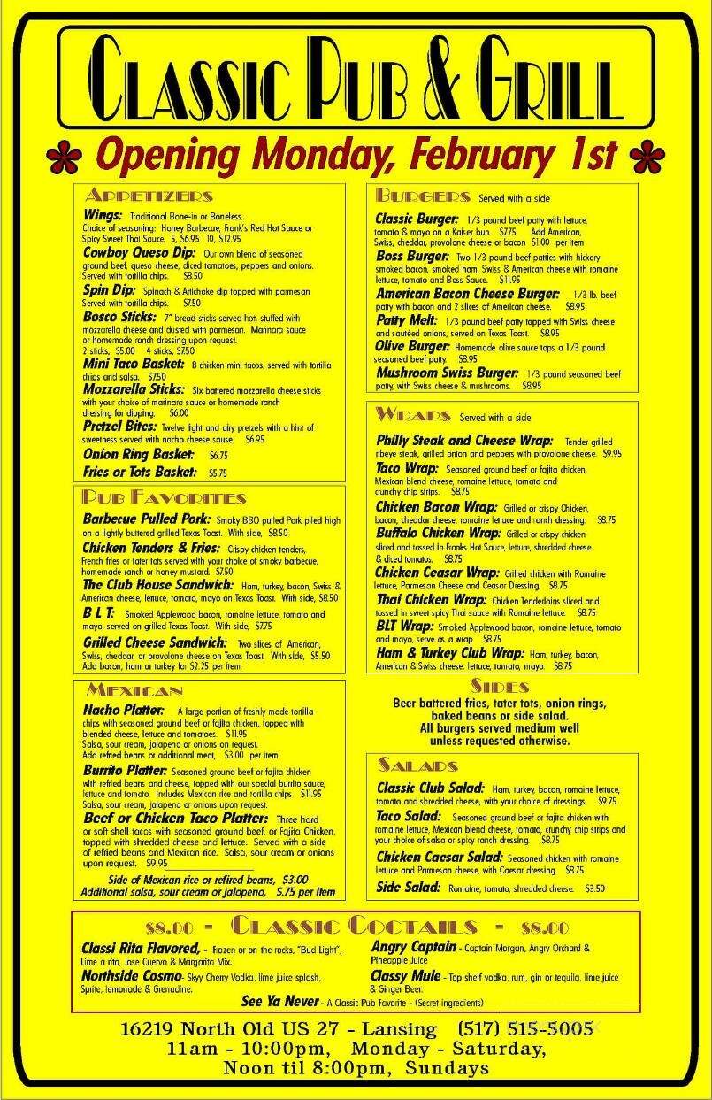 Classic Pub & Grill - Lansing, MI menu_pic