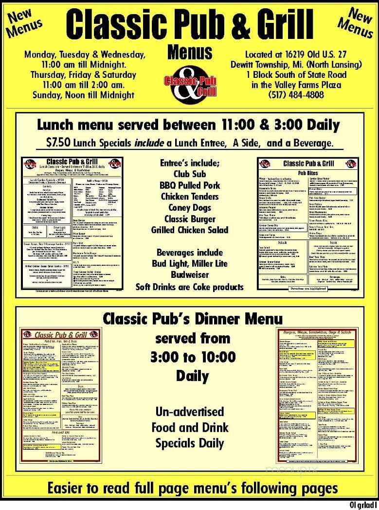 Classic Pub & Grill - Lansing, MI menu_pic