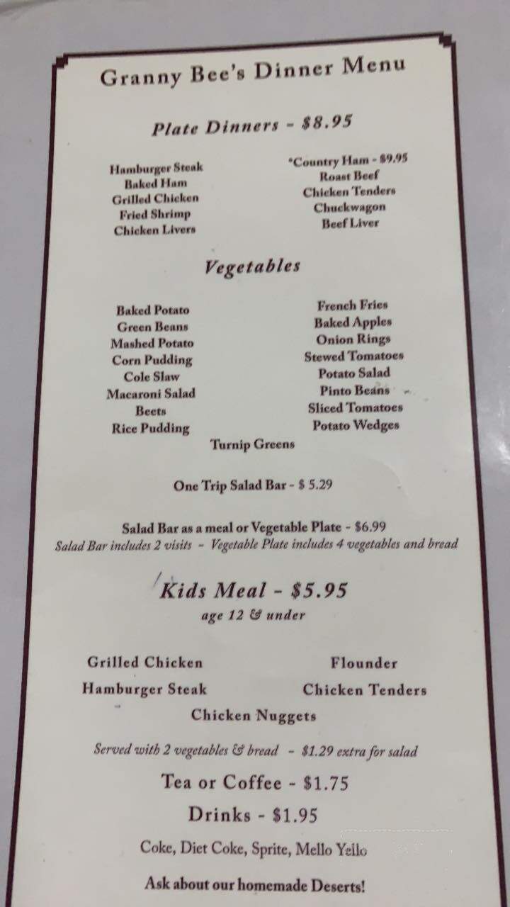 Granny Bee's - Appomattox, VA menu_pic