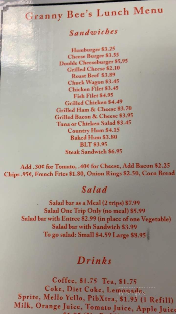 Granny Bee's - Appomattox, VA menu_pic