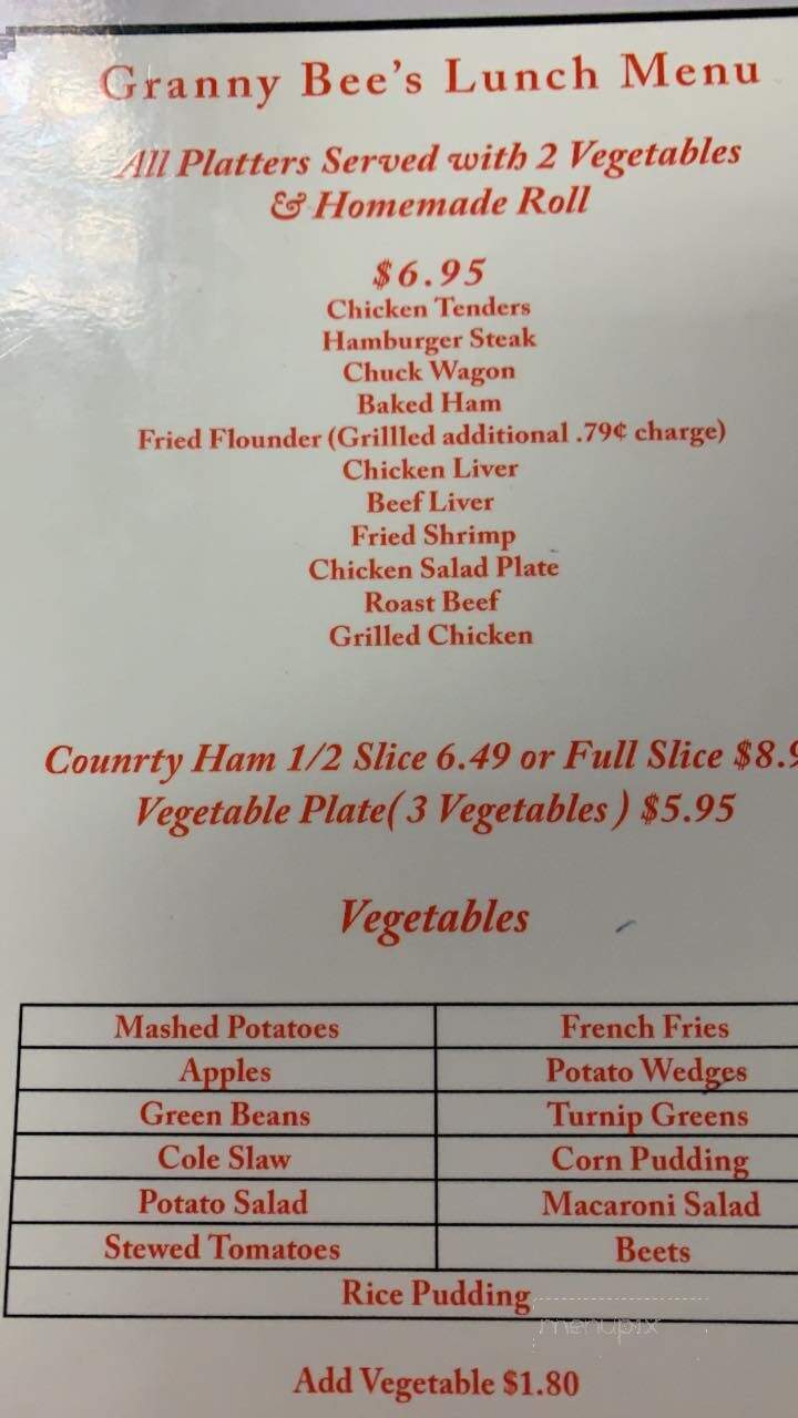 Granny Bee's - Appomattox, VA menu_pic