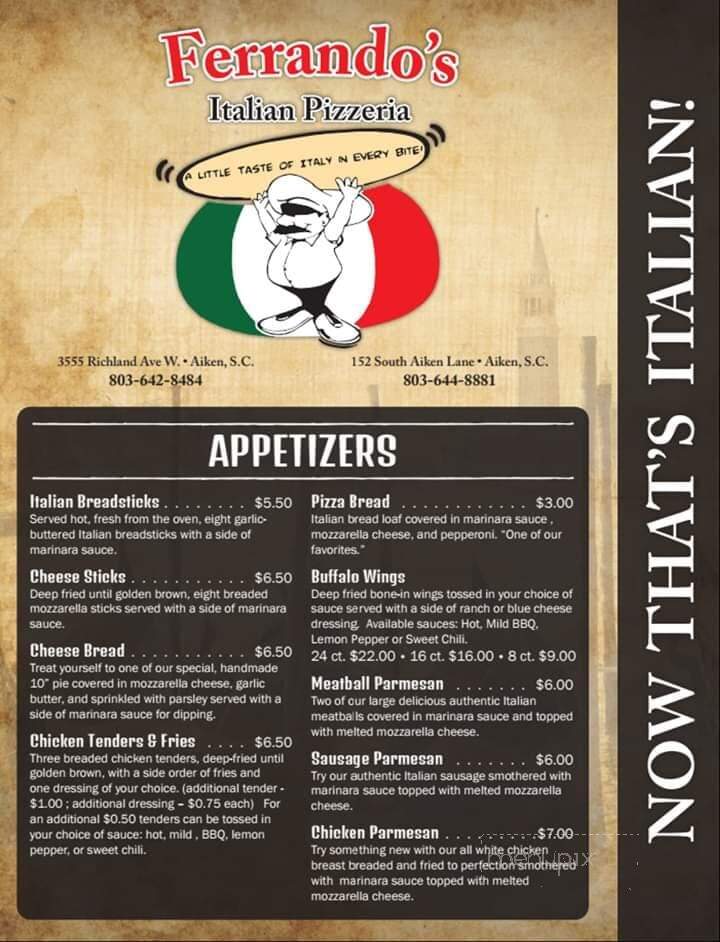 Ferrando's Italian Pizzeria - Aiken, SC menu_pic