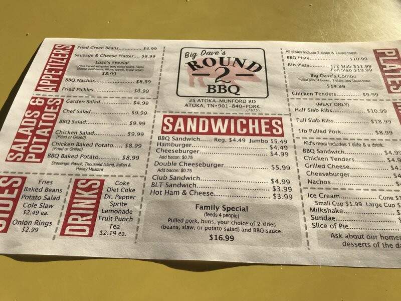 Big Dave's Round 2 BBQ - Atoka, TN menu_pic