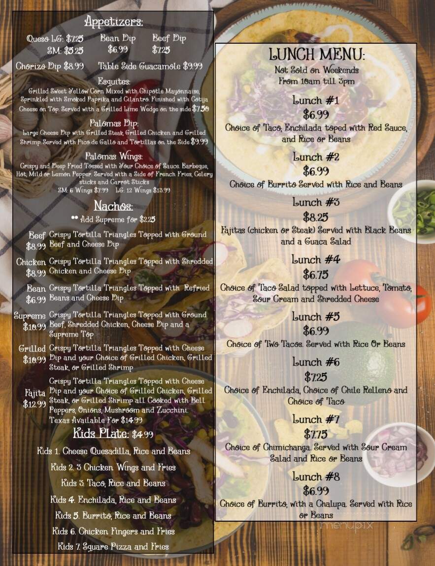 Palomas Mex Grill - Zebulon, GA menu_pic