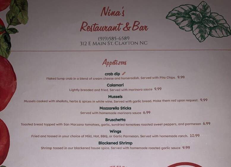 Nina's Restaurant & Bar - Clayton, NC menu_pic