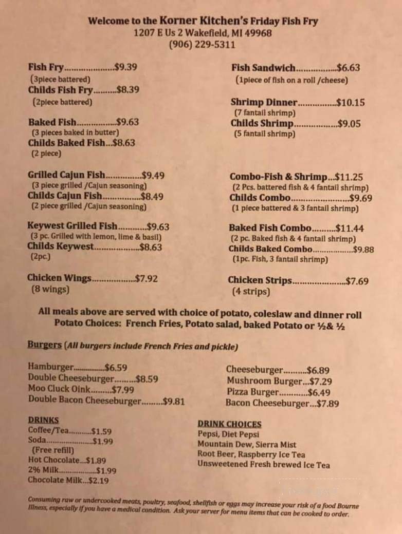 Korner Kitchen - Wakefield, MI menu_pic
