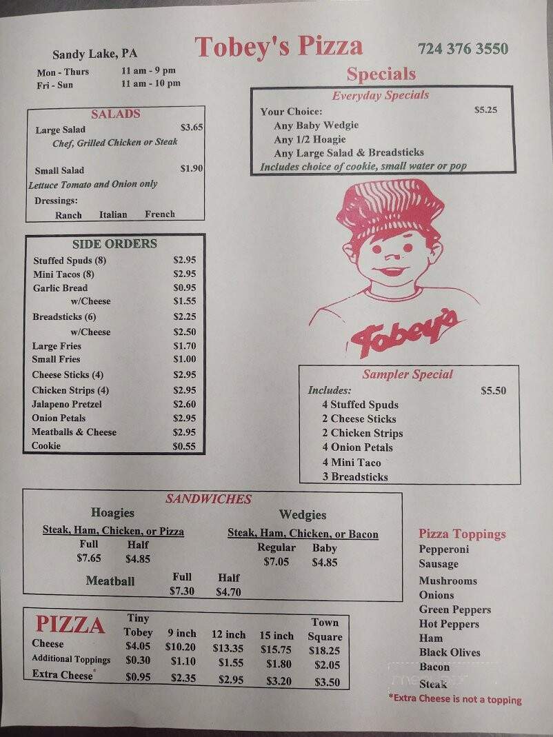 Tobey's Pizza - Sandy Lake, PA menu_pic