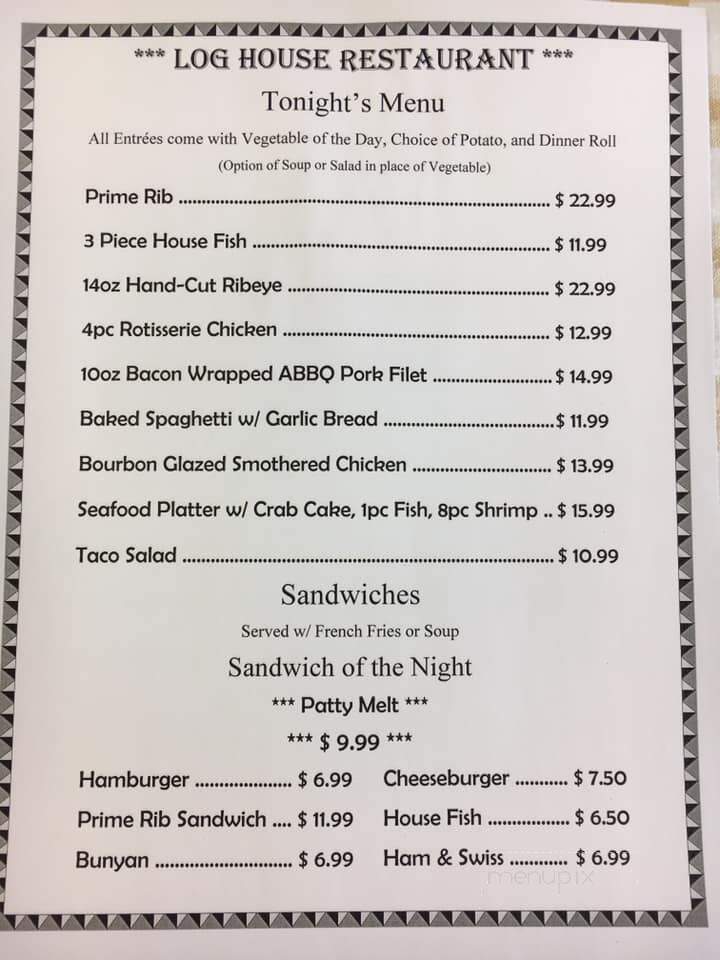 Log House Restaurant - Argos, IN menu_pic