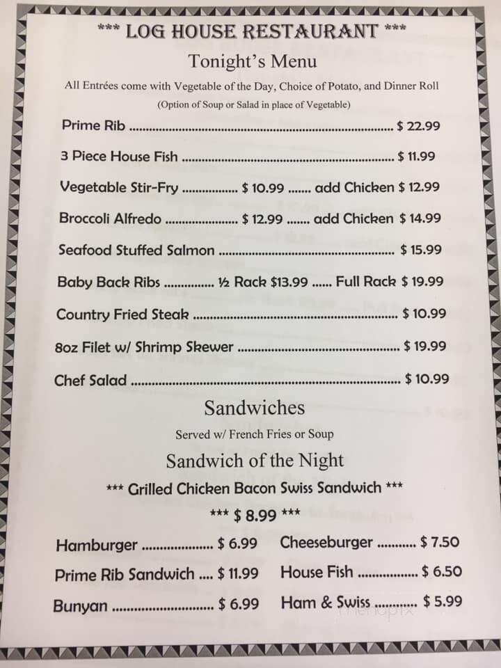 Log House Restaurant - Argos, IN menu_pic
