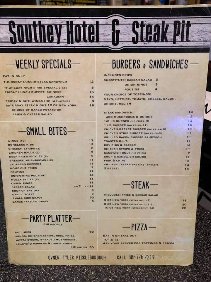 Southey Hotel & Steak Pit - Southey, SK menu_pic