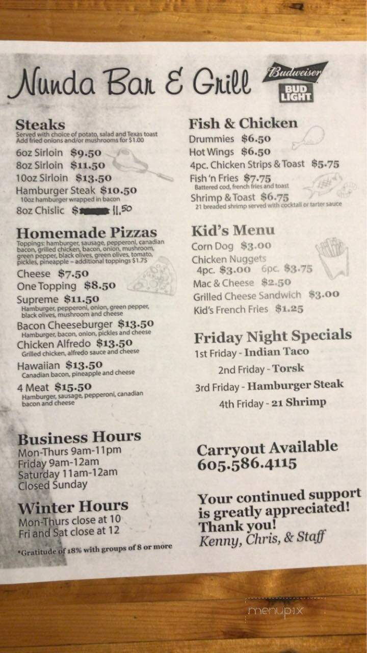 Nunda Bar & Grill - Nunda, SD menu_pic