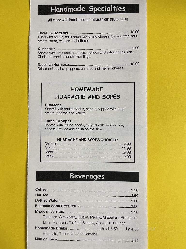 La Hermosa - Chaska, MN menu_pic
