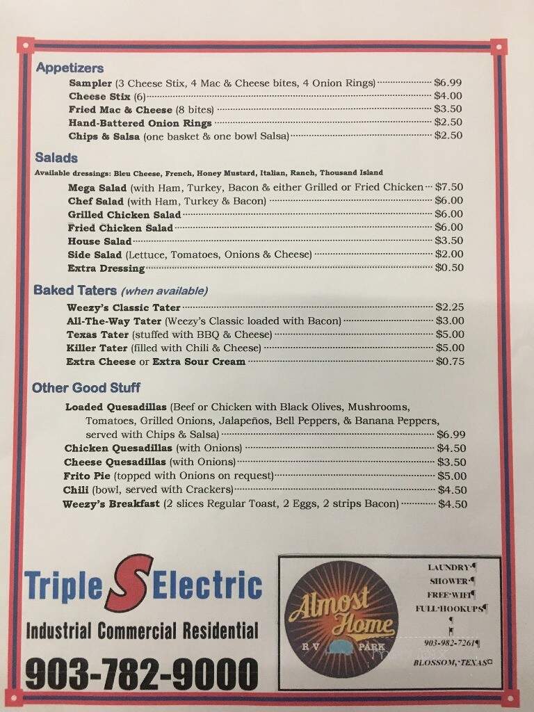 Menu Of Weezy S Restaurant Blossom Tx