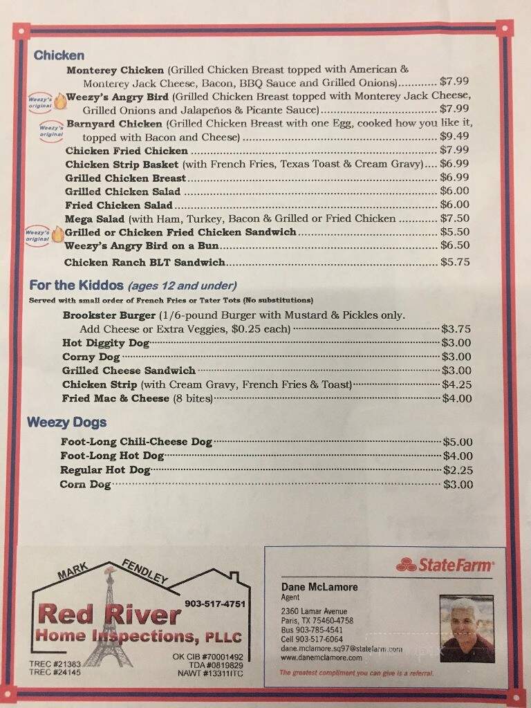 Menu Of Weezy S Restaurant Blossom Tx