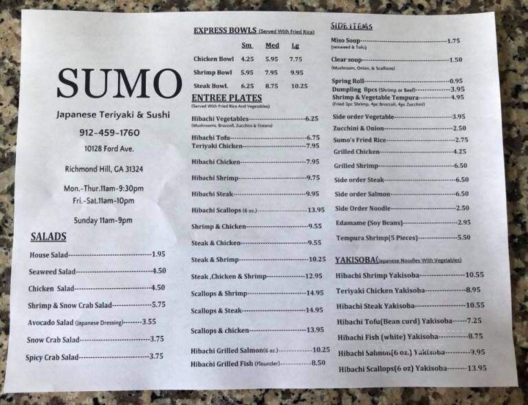 Sumo Hibachi & Sushi - Richmond Hill, GA menu_pic