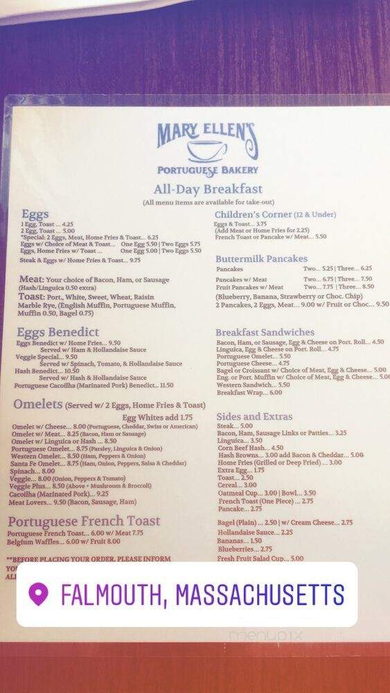 Mary Ellen's Portuguese Bakery - Falmouth, MA menu_pic