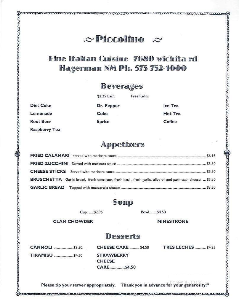 Piccolino Restaurant - Hagerman, NM menu_pic