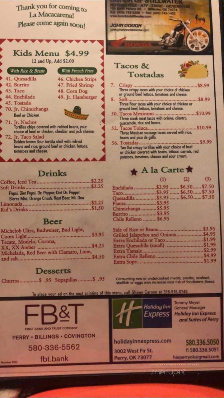 Macarena - Perry, OK menu_pic
