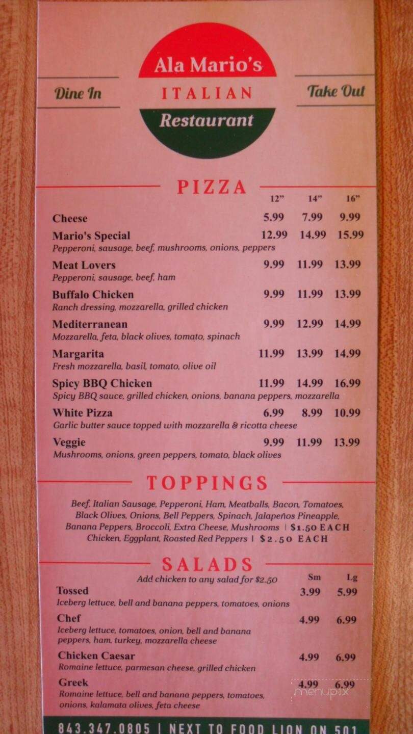 Ala Mario's Pizza - Conway, SC menu_pic