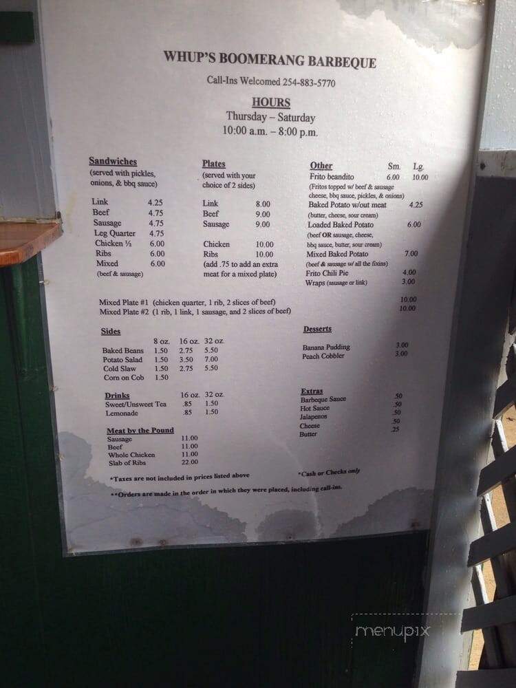 Whup's Boomerang Barbecue - Marlin, TX menu_pic
