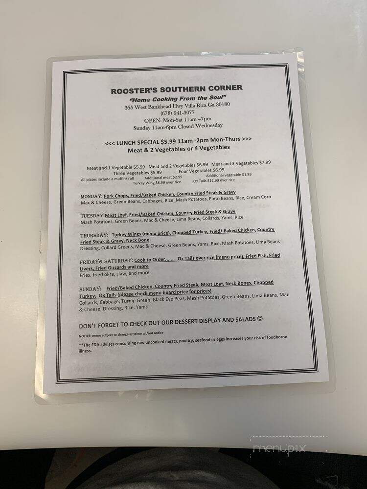 Roosters Southern Corner - Villa Rica, GA menu_pic
