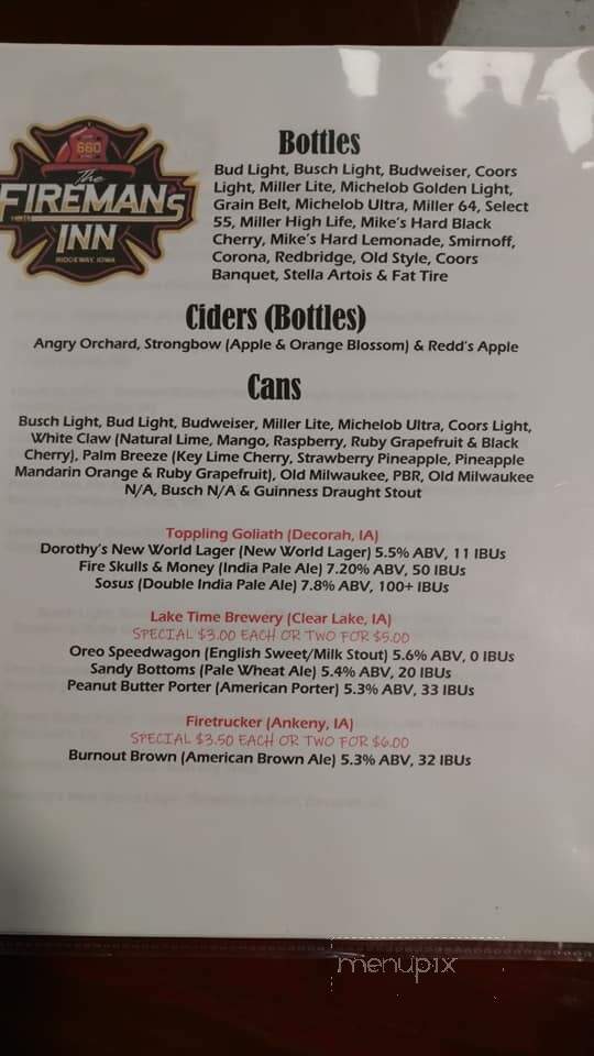 Fireman Inn - Ridgeway, IA menu_pic