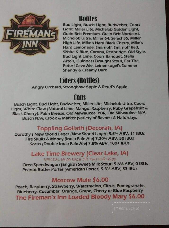 Fireman Inn - Ridgeway, IA menu_pic