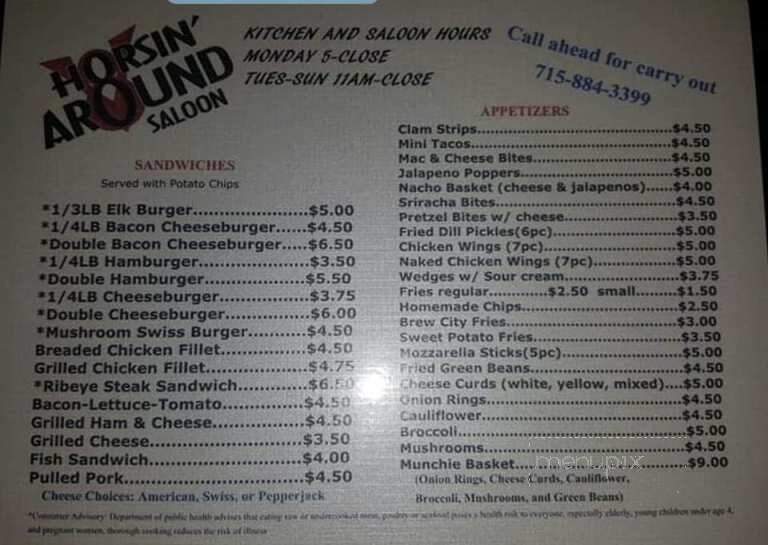 Horsin' Around Saloon - Pittsville, WI menu_pic