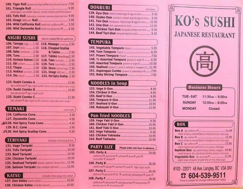 Ko's Sushi Japanese Restaurant - Langley Twp, BC menu_pic