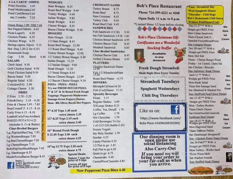 Bob's Place Restaurant - Parker, PA menu_pic