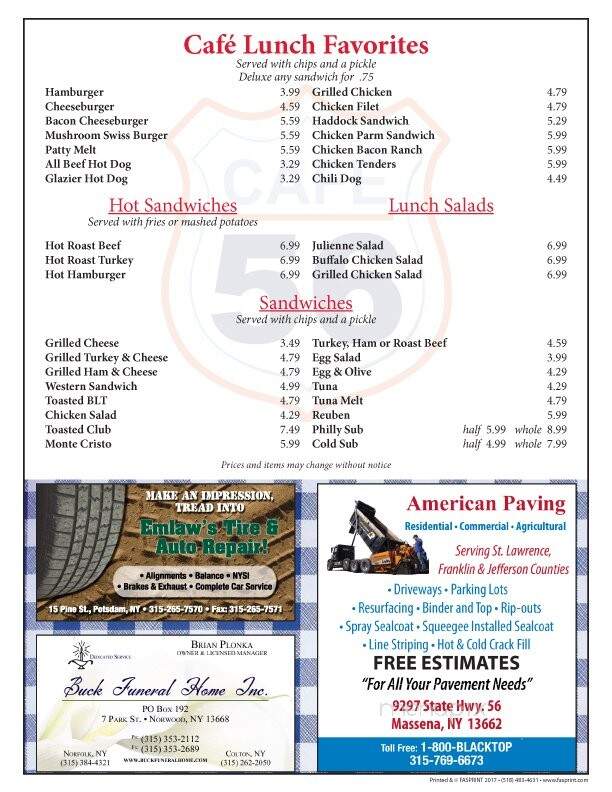 Cafe 56 - Norfolk, NY menu_pic