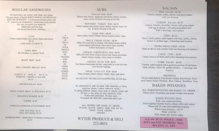 Wythe Produce Deli - Wytheville, VA menu_pic