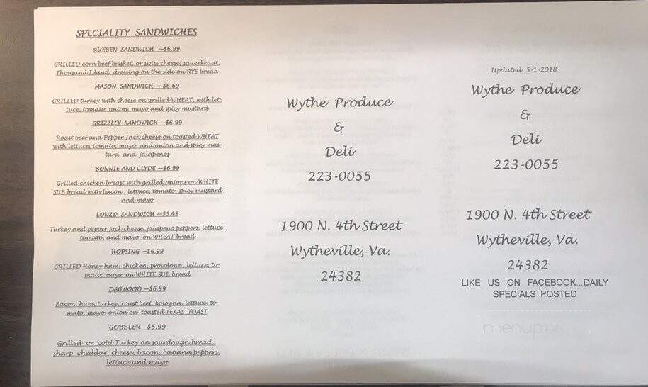 Wythe Produce Deli - Wytheville, VA menu_pic