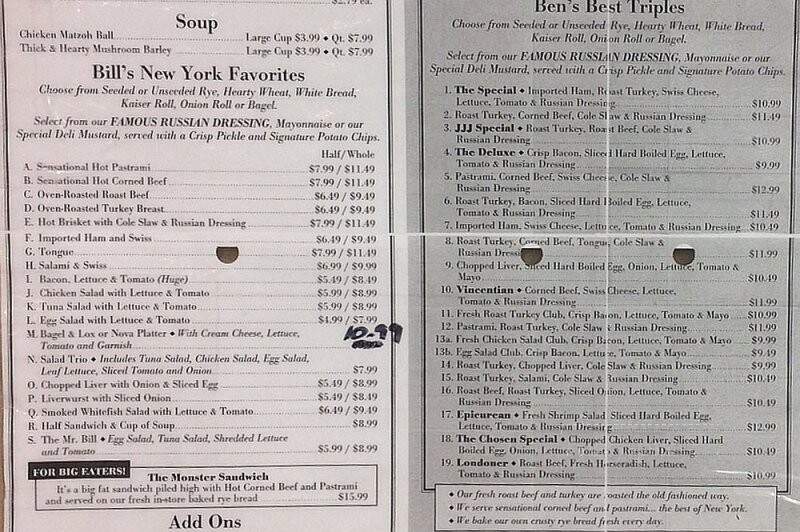 Ben & Bill's Deli - Slingerlands, NY menu_pic