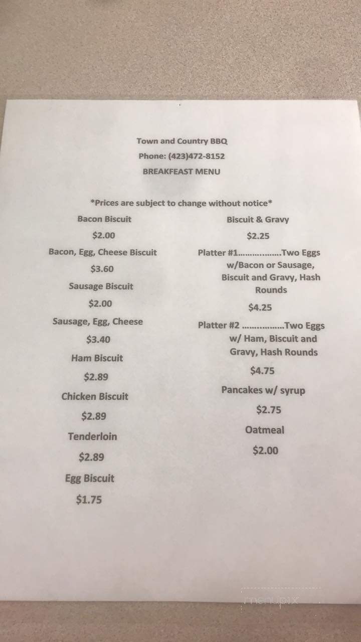 Town & Country Barbeque - Cleveland, TN menu_pic