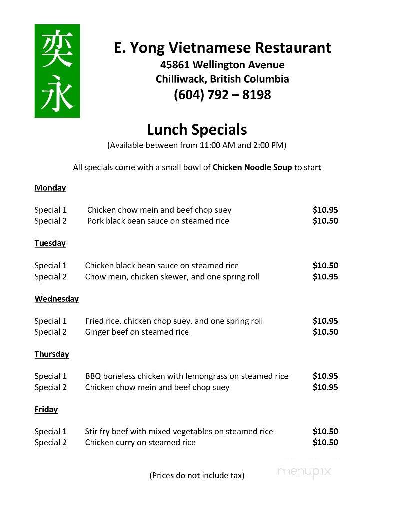 E Yong Oriental Restaurant - Chilliwack, BC menu_pic