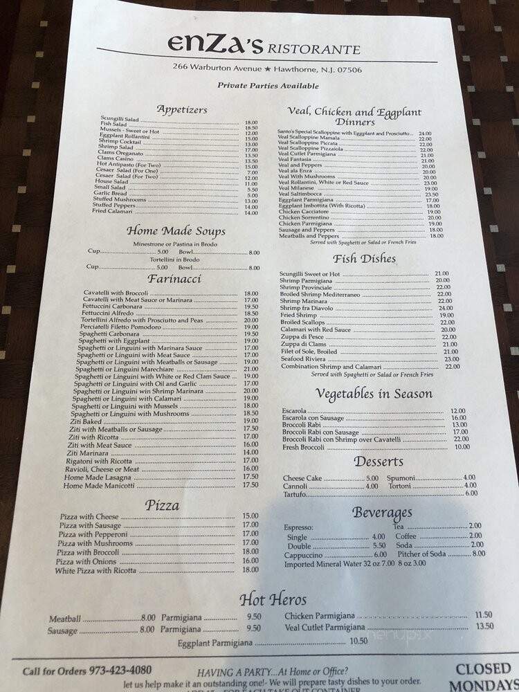 Enza's Restaurant & Pizzeria - Hawthorne, NJ menu_pic