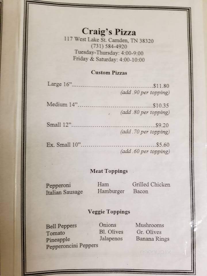 Craig's Pizza House - Camden, TN menu_pic