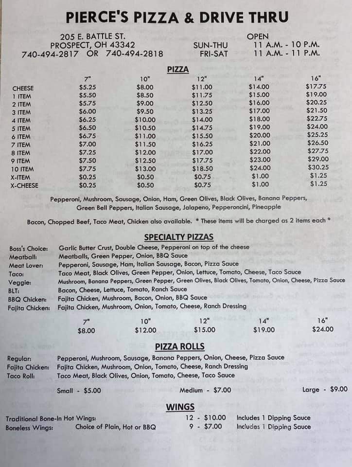 Pierce's Pizza & Drive Thru - Prospect, OH menu_pic