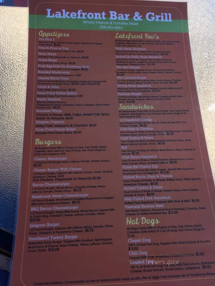 Lakefront Bar & Grill - Cascade, ID menu_pic