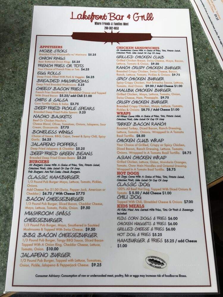 Lakefront Bar & Grill - Cascade, ID menu_pic