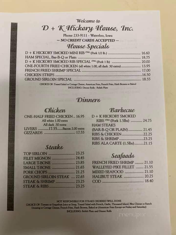 D Plus K Hickory House - Waterloo, IA menu_pic