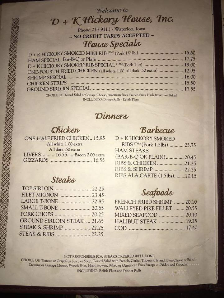 D Plus K Hickory House - Waterloo, IA menu_pic