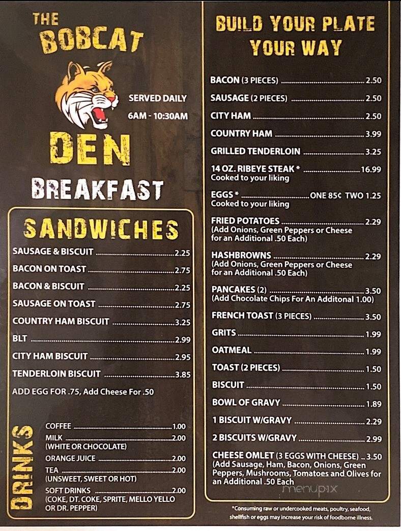 Bob Cat Den - Byrdstown, TN menu_pic