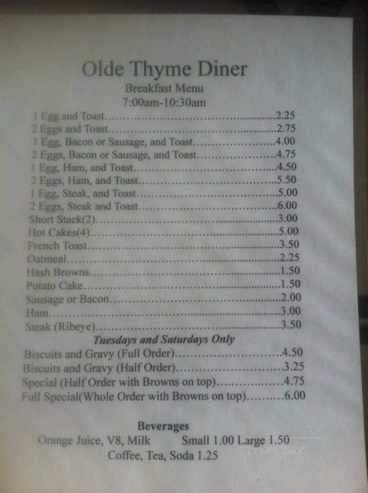 Olde Thyme Diner - Vincennes, IN menu_pic