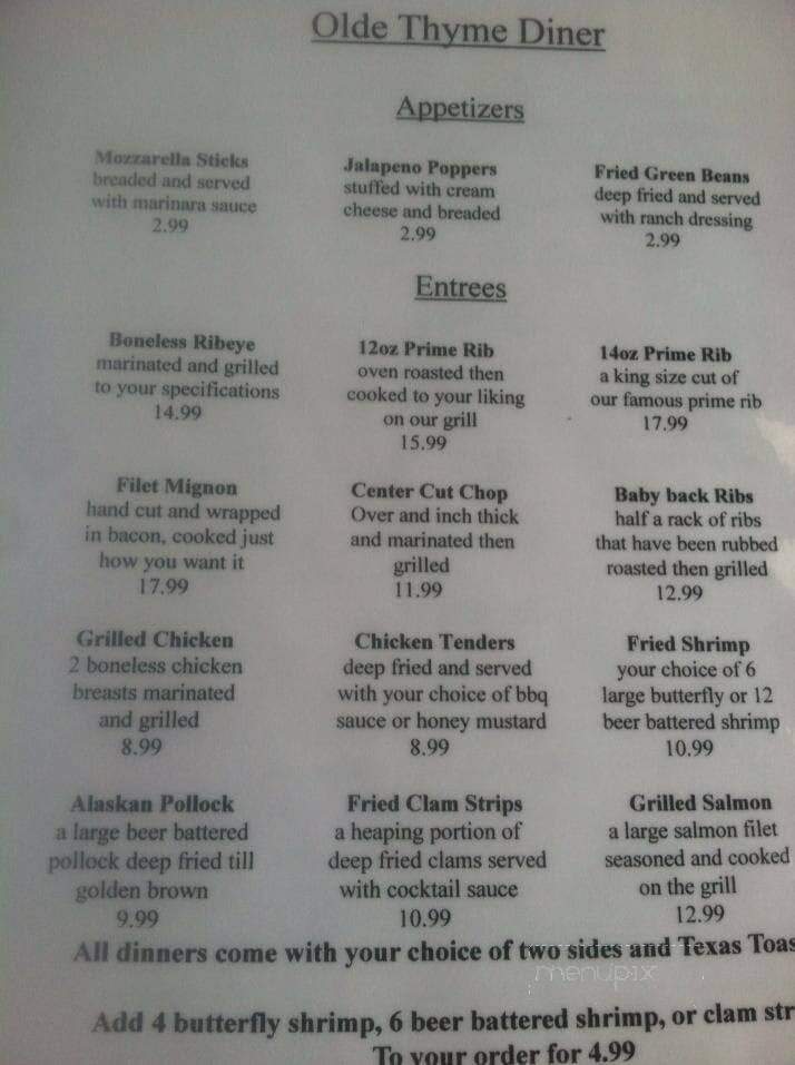 Olde Thyme Diner - Vincennes, IN menu_pic